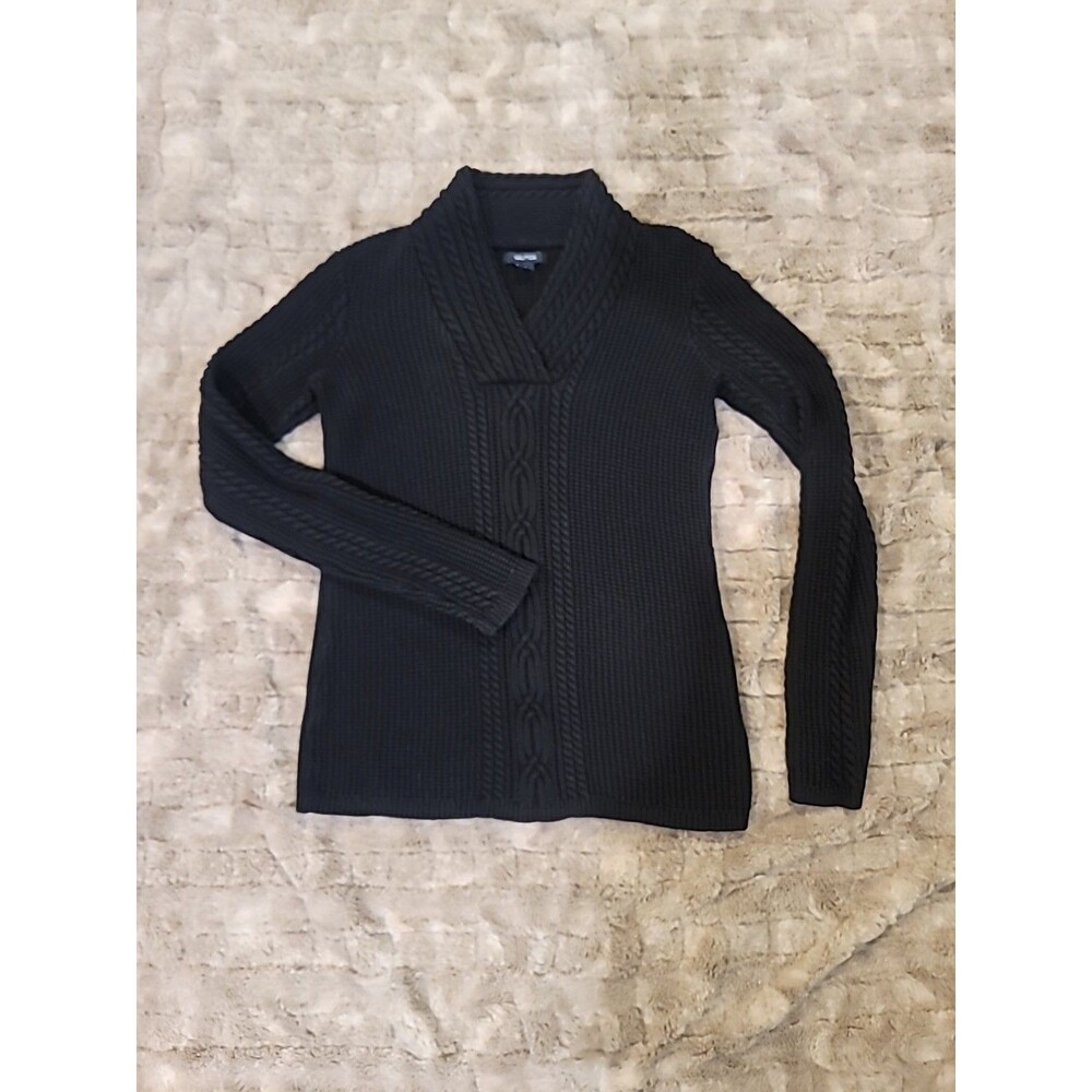 Nautica Shawl Collar 100% Cotton Fisherman Cableknit Long Sleeve Black Sweater S